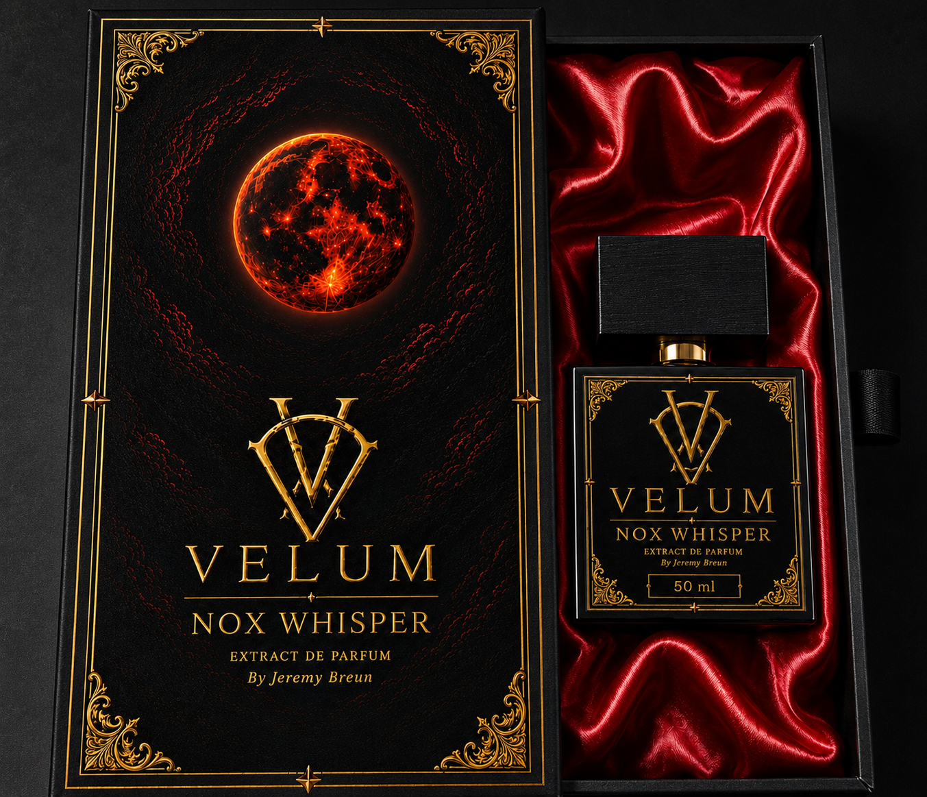 Packaging VELUM — cofanetto nero e oro con interno in seta rossa e flacone NOX WHISPER